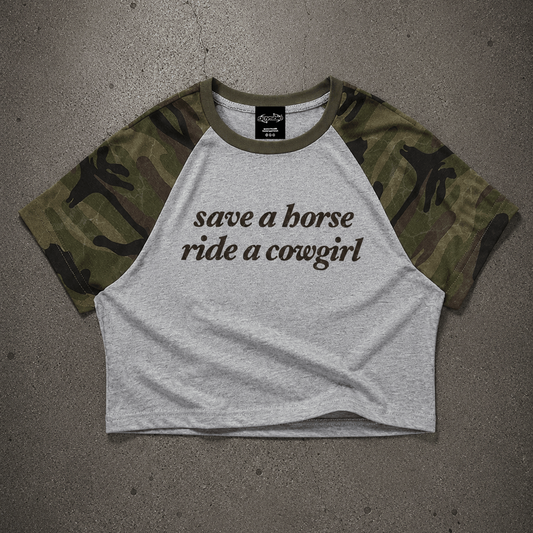 save a horse ride a cowgirl Camo Crop Tank ~ GAYSBIE