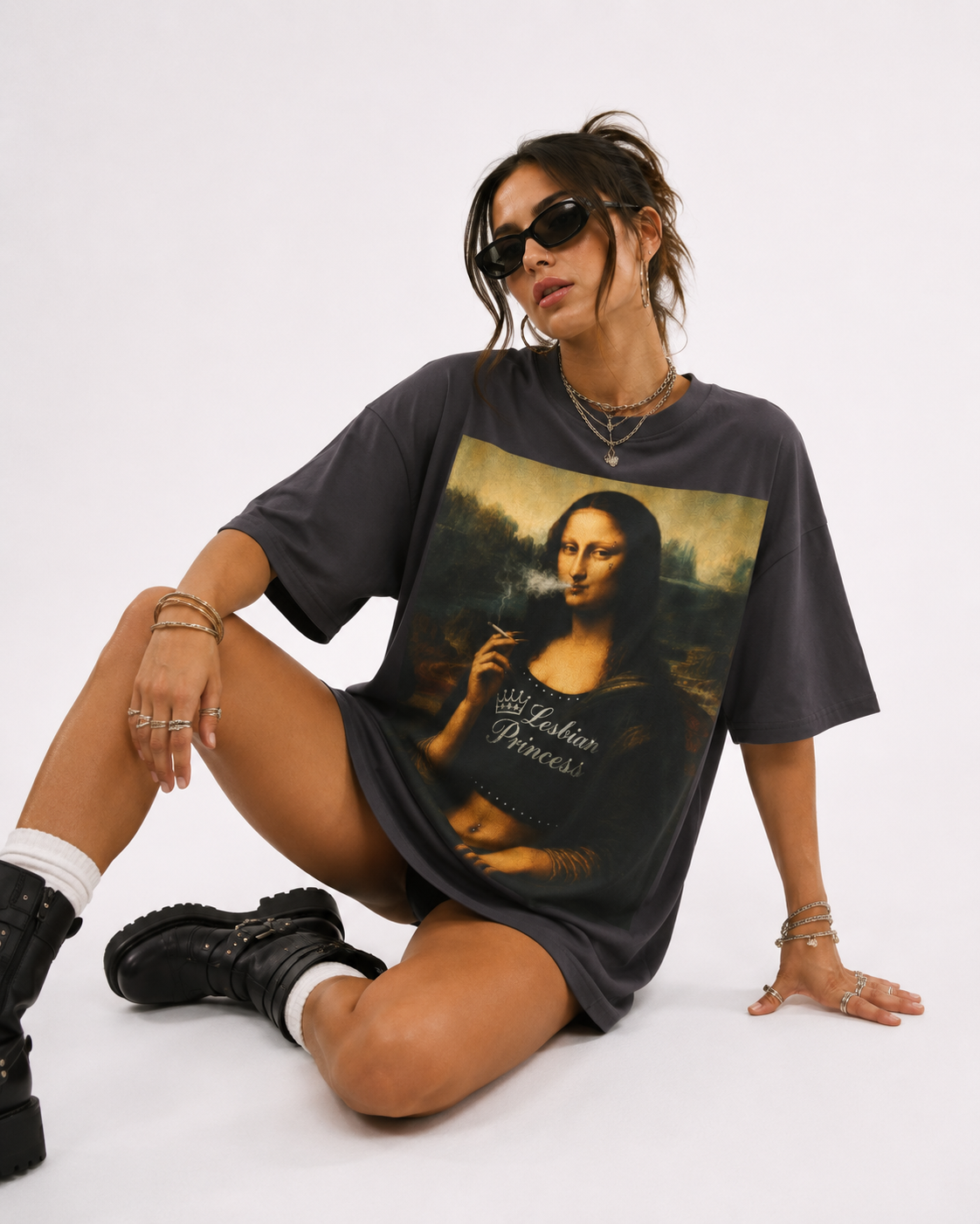 Mona Lisa Lesbian Pride Oversize Loose Drop Shoulder Tee ~ GAYSBIE