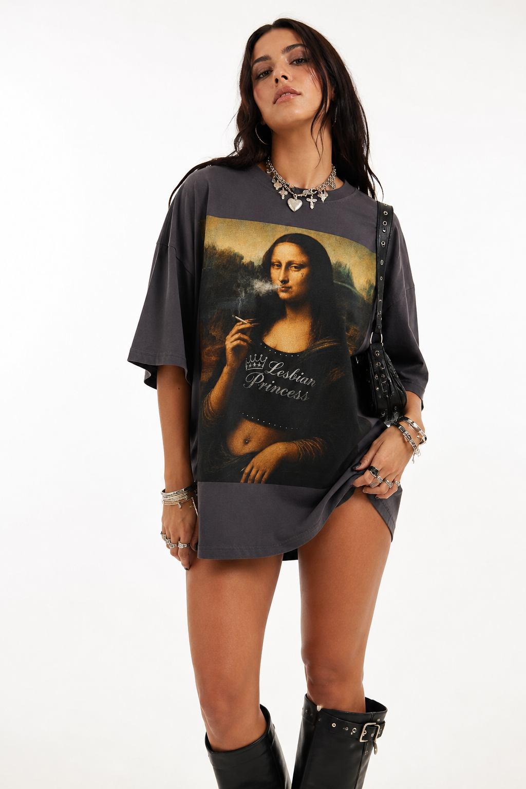 Mona Lisa Lesbian Pride Oversize Loose Drop Shoulder Tee ~ GAYSBIE