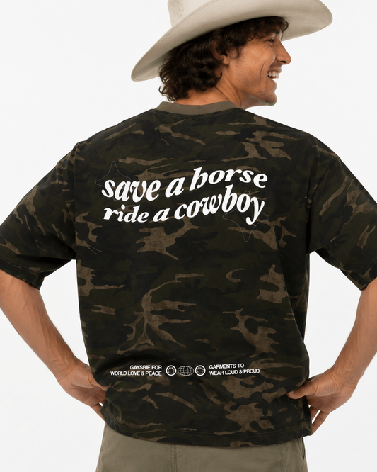SAVE A HORSE RIDE A COWBOY Camo Boxy T-Shirt
