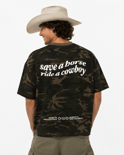 SAVE A HORSE RIDE A COWBOY Camo Boxy T-Shirt