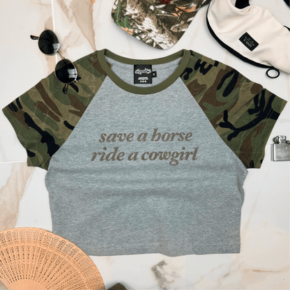 save a horse ride a cowgirl Camo Crop Tank ~ GAYSBIE